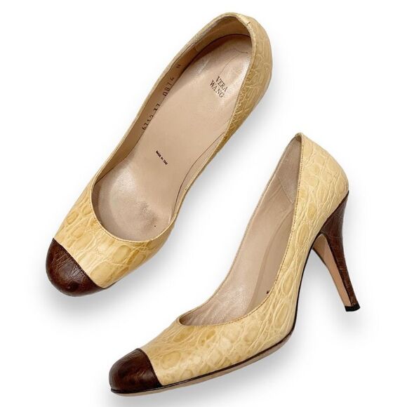 Vera Wang Made in Italy Beige Brown Cap Toe Textured Pumps Heels Women’s Size 37 - Picture 1 of 12